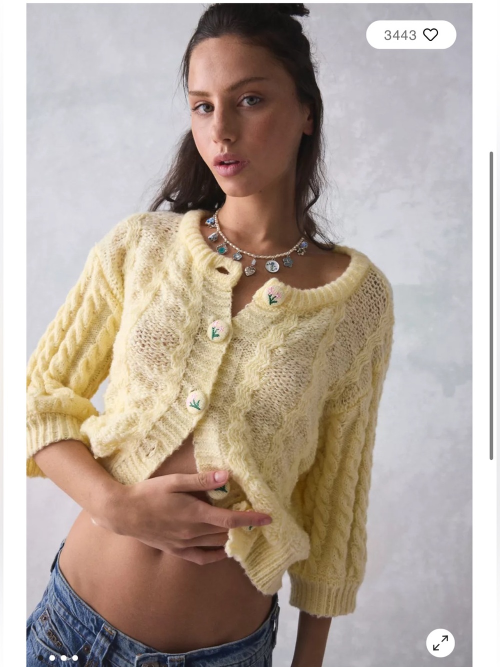 KIMCHI BlUES Maye Retro Floral ButtonUp Short Sleeve Cream Granny Crop Sweater M